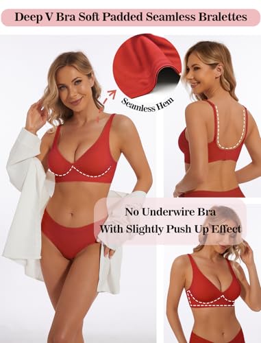 Image of Deep V Bra Wireless Sexy Push Up Bralette Padded Seamless Jelly Bra | Low Cut Plunge V-Neck, Wide Straps, Back Smoothing, Bras for Women No Underwire, Soft Comfortable Bralettes