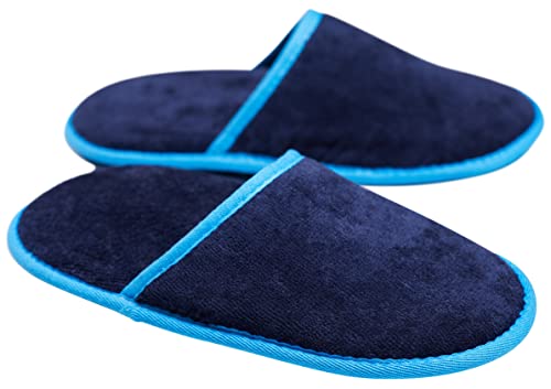 Sowel® Pantoufles de Douche,Chaussons Spa, Sans boutons en silicone, Femmes et Hommes, 100% Coton, Marine/Bleu