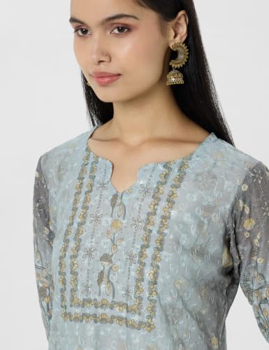 Image of Soch Womens Powder Blue Cotton Blend Floral Embroidered Tunic with Schiffli