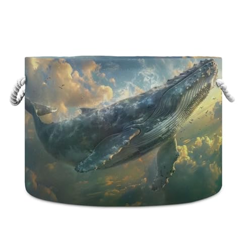 DUOBU Large Cotton Rope Basket Round Storage Basket Gray Whale with Cloud Laundry Hamper for Toys,Blankets,Nursery,Laundry 20x14 in