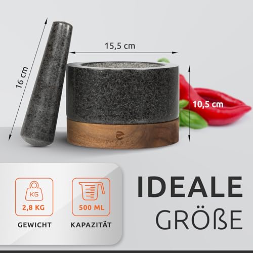 Foto von ECENCE Mörser mit Stößel aus hochwertigem Naturgranit und edlem Akazienholz-Sockel Ø15,5cm - Massiver Steinmörser für Kräuter & Gewürze - Mortar and Pestle