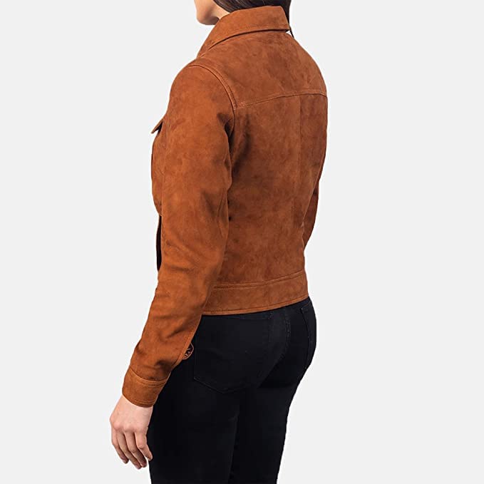 Women 100% Real Suede Leather Trucker Jacket Shirts | Classic Biker Motorcycle Collar Jacket with Zipper3