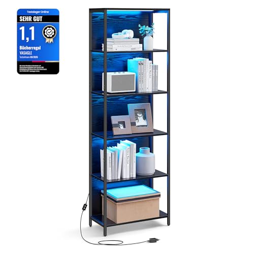 VASAGLE Bücherregal mit 6 Ebenen, Standregal mit Einstellbarer LED-Beleuchtung, Regal mit Stahlrahmen, 30,3 x 60 x 178,6 cm, für Wohnzimmer, Schlafzimmer, Arbeitszimmer, ebenholzschwarz LLS120B57 VASAGLE Bücherregal mit 6 Ebenen, Standregal mit Einstellbarer LED-Beleuchtung, Regal mit Stahlrahmen, 30,3 x 60 x 178,6 cm, für Wohnzimmer, Schlafzimmer, Arbeitszimmer, ebenholzschwarz LLS120B57