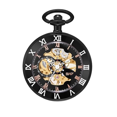 Image of ShoppeWatch Mens Pocket Watch with Chain | Classic Hand Wind Mechanical Movement | Open Face Pocketwatch ad Chain - 1920s Railroad Steampunk Costume Accessory