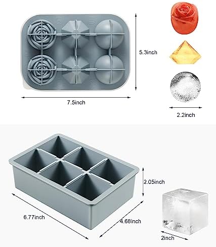 2Pack Silicone Square and Round Ice Cube Trays for Freezer - Sphere, Rose, Diamond Ice Molds for Whiskey, Cocktails & DIY, Gray - Thumbnail 3
