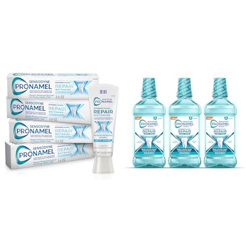 Image of Sensodyne Pronamel Intensive Enamel Repair Toothpaste & Mouthwash Bundle - Sensitive Teeth & Cavity Protection, Whitening Toothpaste (Pack of 4, 3.4 oz) & Mouthwash (3 x 16.9 fl oz)