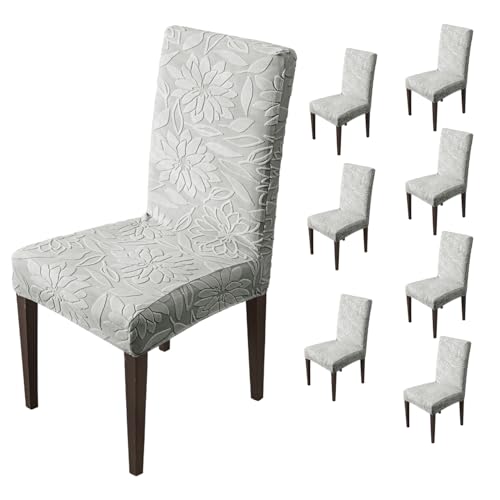 Image of House of Quirk Stretchy Universal Camellia Jacquard Waterproof Chair Cover Removable & Washable Short Dining Chair Cover Protector Seat Slipcover (Dark Grey,Pack of 8)