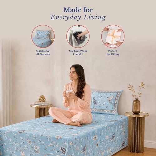 Image of Jaipur Weaves Single Bed Cotton Bedsheet with 1 Pillow Cover, 100% Pure Cotton Single Bedsheet 60x90 Inches, 180 TC Soft Breathable Bird Bed Sheet - (Pacific Blue Bird)