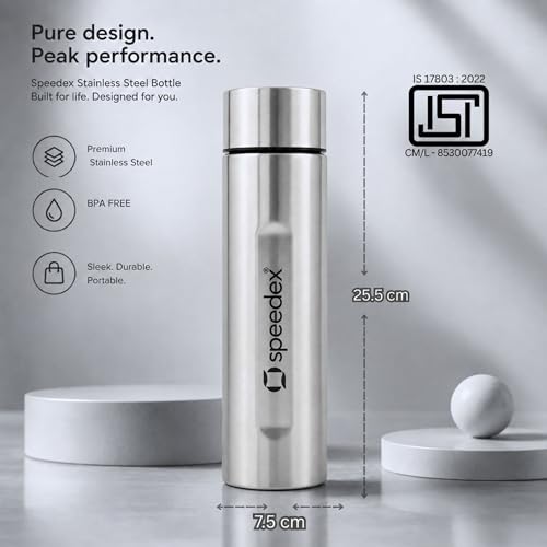 Image of Speedex Silver Stainless Steel Water Bottle 1 Litre Set of 1 | Single Wall Water Bottles | BIS Approved Reusable Bottles for Kids & Adults | School, Office, Gym & Travel