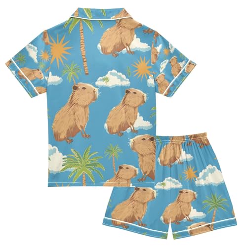 senya Capybara on Tropical Satin Summer Pajama Sets Silk Short Sleeve Button Down Sleepwear2