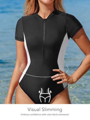 Image of CUPSHE Women's Rash Guard One Piece Swimsuit Short Sleeve Zip Up | Non-Removable Cups, Medium Support, Front Zip, Mock Neck, Fully Lined, UV Swim Shirt, Sporty Bathing Suit