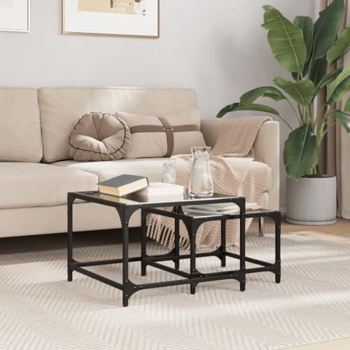 RMIHSJG Mesas de Centro apilables y Tapa de Vidrio 2 pzas Acero Negro Mesas de Centro Apilables Modernas - Mesitas Nido para Salón y Oficina - Diseño Elegante y Funcion
