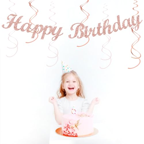 Image of Pink White Rose-Gold Birthday Party-Decorations - 21pcs Happy Banner, Paper Lanterns,Tissue Pom Poms Flower Fan,Honeycomb Ball,Swirl Streamers Garland Supplies Decor Girls Women Huglony