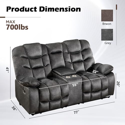 Image of HAOMARKETS Manual Reclining Loveseat Sofa for Living Room, 77 inch Wide Overstuffed 2-Seater Recliner Couch with Cup Holders & Storage Console, Breathable Fabric and Padded Seat, Grey