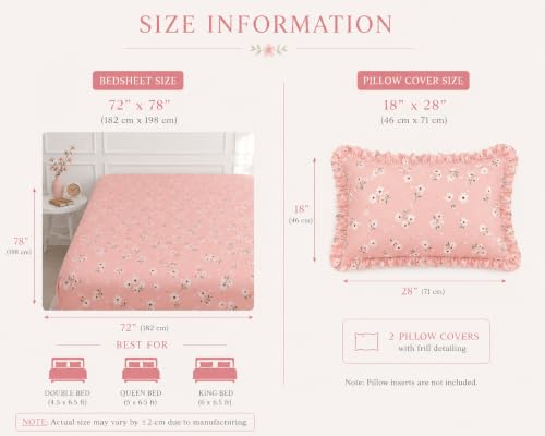 Image of Bluestrip Premium Polycotton Fitted Bedsheet for Double Bed with 2 Frill Pillow Covers | Floral Pink Printed Bed Sheet | All Around Elastic Deep Pocket | Soft | 72 x 78 Inches