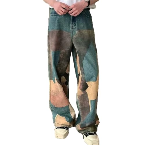 Men Patchwork Distressed Baggy Jeans Pants Clothes Wide Leg Denim Trousers