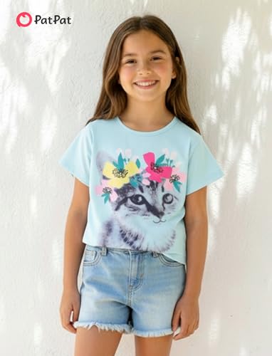 Image of PATPAT Girls Crewneck Short Sleeve Graphic Tees Animal Print Shirts Cute Summer Outfits 5-12 Years