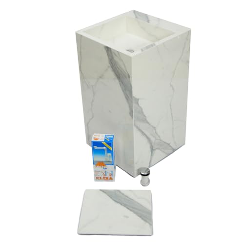 Lavabo de columna independiente para baño, mueble de baño, acabado gres porcelánico pulido Statuario, completo con sifón para escurrido, medidas. 50x50x h90 cm