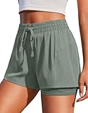 PINSPARK Running Shorts for Women Quick Dry Gym Athletic Shorts with Liner 2 Pockets Drawstring High Waisted Workout Short Sage Grey S