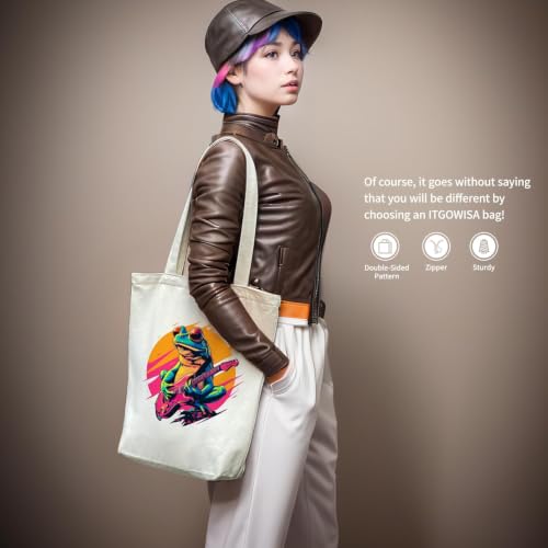 Image of itgowisa Canvas Tote Bag with Zipper Pocket, Reusable Grocery Bag for Daily