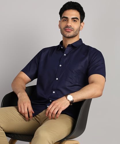 Image of MILDIN Men's Cotton Blend Solid Shirt with Spread Collared Half Sleeve Curved Hemline Button Closure Regular Fit and One Pocket | Half Sleeve Shirt for Men