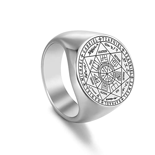 Amaxer Sept Archanges Anneau pour Hommes En Acier Inoxydable Le Sceau De Salomon Tetragrammaton Archanges Protection Anneau Déclaration Bande pour Hommes Femmes (Argent, 20mm)