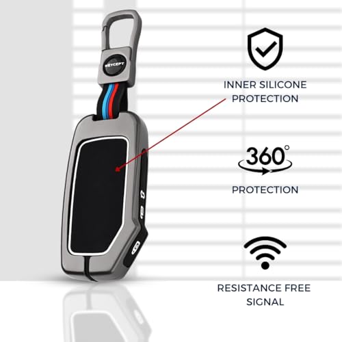 Image of KEYCEPT Metal Alloy Key Cover Compatible with Kia Seltos HTE, Sonet HTE, Carens Premium, Prestige 3 Button Smart Key (Dual Black & Tan).