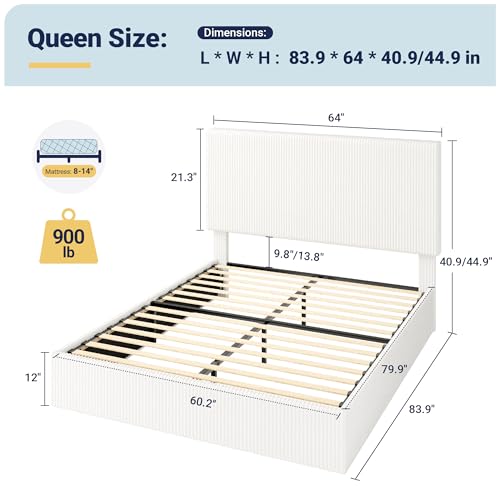 Image of Allewie Queen Bed Frame, Adjustable Corduroy Headboard, Platform, White | Adjustable Headboard, Corduroy Fabric, Low Profile, Wooden Slats, 900 lb Capacity, No Box Spring Needed