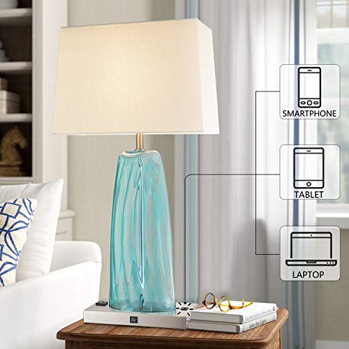 USB Table Lamp Set of 2, LMS 28\" Bedside Table Lamps with USB Charging Ports, Blue Glass Nightstand Lamp with White Fabric Shade, Table Lamps for Bedroom Living Room, LMS-070 - Thumbnail 3