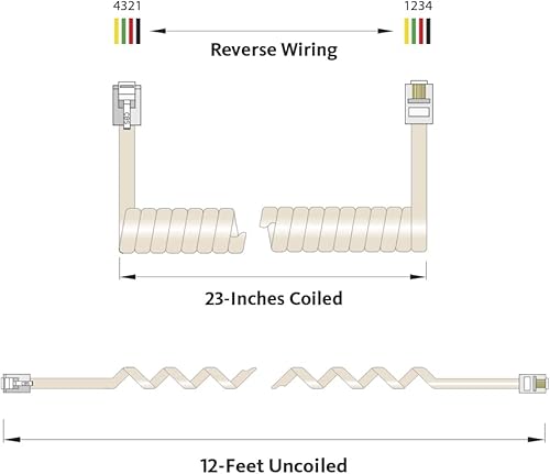Miniatura 6 de Cablesys Cable de teléfono en espiral para uso con sistemas telefónicos PBX, teléfonos VoIP, 12 pies sin enrollar, RJ22, plomo de 1.5 pulgadas en