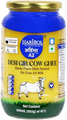 Haribol Pure A2 Gir Cow Ghee – 1000ml | 100% Natural Pure Desi Cow Ghee | Natural Grazing & DNA-Tested | Supports Lactose Intolerants | ISKCON TOVP | Glass Jar