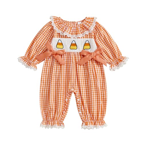 Baby Girl Halloween Outfits Plaid Lace Trim Candy Corn Embroideried Romper Long Sleeve Jumpsuit Fall Clothes