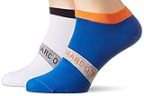 Sneaker-Low-Cut-Socken für Herren, 2x in Orange und 2x in Navy aus der Marc O'Polo Serie Nils im praktischen 4er-Pack mit druckfreiem Komfortbund im Colour-Blocking-Style maskuliner Marc O'Polo-Schriftzug kontrastreich hinterlegt Größenangabe an der Fußsohle eingestrickt mit hohem Baumwollanteil
