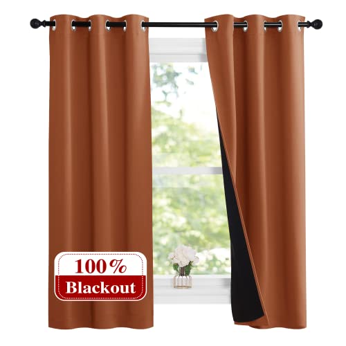 NICETOWN Burnt Orange 100% Blackout Lined Curtains, 2 Thick Layers Narrow Wide Window Treatment Panels Thermal Insulated Drapes for Kitchen Small Wind