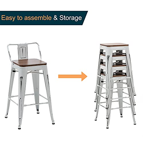 Set of 4 Alunaune 24 Metal Bar Stools with Wooden Seats - Industrial Counter Height Kitchen Chairs in Distressed White