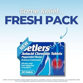 Setlers Antacid Chewable Tablets, Peppermint Flavour, 24 Pack, Contains Calcium Carbonate, Effective Relief from Indigestion and Heartburn, Tackles Acid Reflux