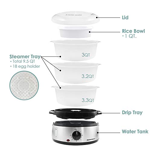 Elite Gourmet EST4401 Electric Food Vegetable Steamer with BPA-Free 3 Tier Stackable, Nested Basket Trays, Auto Shut-off 60-min Timer, 800W, 9.5 Quart, Stainless Steel - Image 3