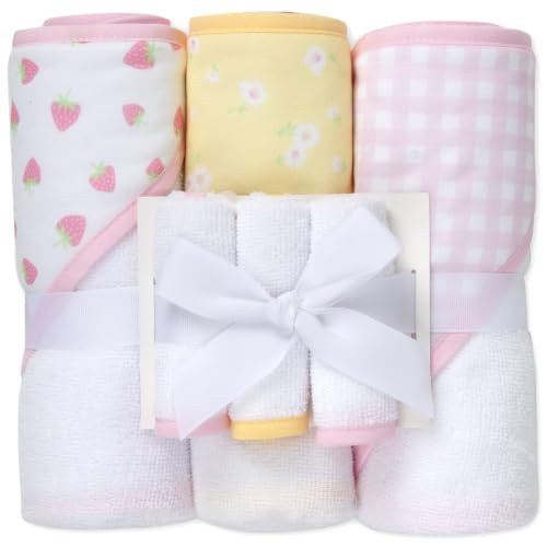 Image of Jessica Simpson Baby 6-Piece Hooded Towel & Washcloth Set - Soft Polyester Baby Bath Towels - Butterfly & Lavender Floral Prints (Yellow Pink Strawberry)