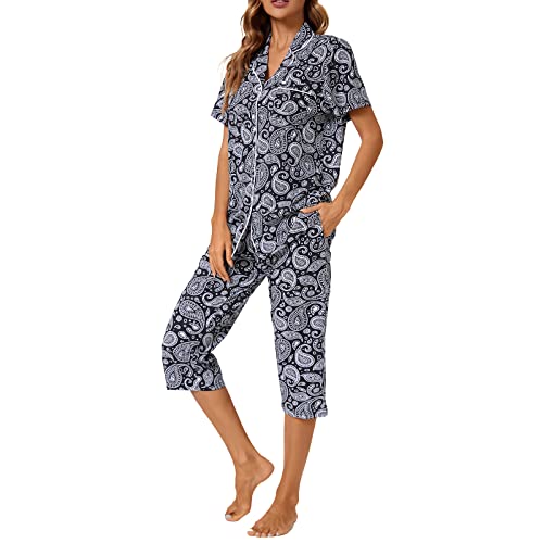 Image of Tugege Capri Pajamas Set Womens Button Down Short Sleeve Lounge Sets Sleepwear Notch Collar Top & Capri 2 Piece PJ Sets