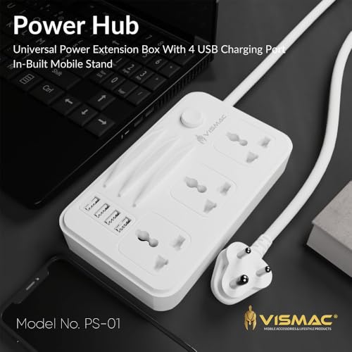 Image of Vismac Extension Board 3 Universal Sockets + 4 USB Ports | Master Switch | ABS Plastic Body | 1.5M BIS Cord | 2300W Load Capacity| 1-Year Warranty | Fire Resistant | for Home & Office and Workspace.