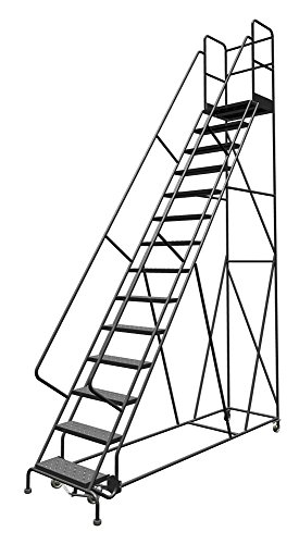 Image of Tri-Arc KDSR114246-D3 14-Step 30 inch Deep Top Steel Rolling Industrial & Warehouse Ladder with Handrails, 24 inch Wide Perforated Tread