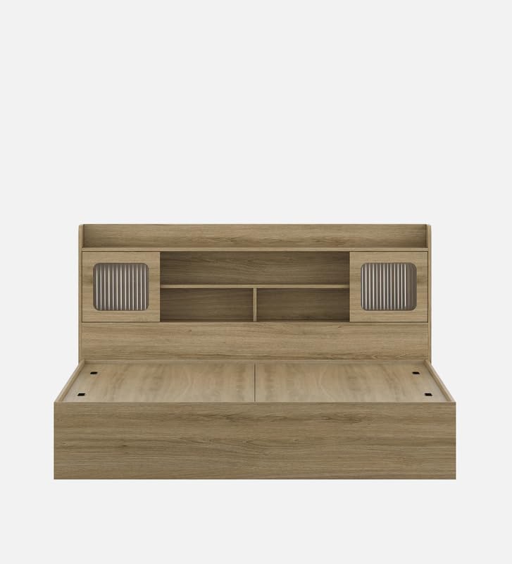 Image of Mintwud Pepperfry Engineered Wood Vida King Size Bed with Box Storage, Open Shelves and 2 Door | Wooden Double Bed Cot Palang Furniture for Living Room Bedroom Home and Hotels (Santana Oak Finish)