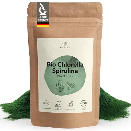 BIONUTRA® Bio Spirulina Chlorella Pulver – 250 g, nach EU-ÖKO-Standard hergestellt, rückstandskontrolliert, ohne Zusätze, vegan, aus reinem Spirulina Chlorella Bio Algenpulver