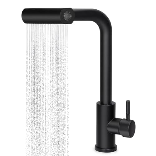 Virklyee Rubinetto a cascata da cucina estraibile Miscelatore da cucina con doccetta, Rubinetto cucina,Girevole a 360°,con 4 Tipi di Spruzzo,Calda e Fredda Regolabile(Nero)