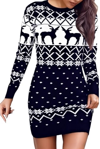 Marvmys Weihnachtskleid Strickkleid Damen Weihnachtspullover Langärmeliges Pulloverkleid mit Rundhalsausschnitt Elegante Weihnachtspullikleider S-XXL