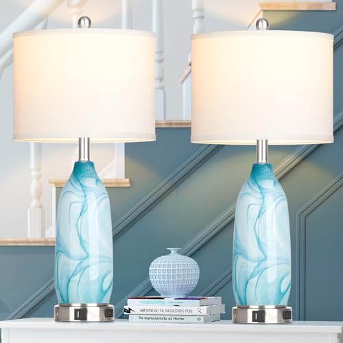 26" Coastal Table Lamps Set of 2, Modern Table Lamps with USB A+C Ports & AC Outlet, Touch Control Glass Bedside Nightstand Lamp with Night Light for Living Room Bedroom End Table Blue(Bulbs Included) - Image 7