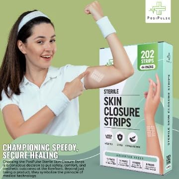 PosiPulse Sterile Hautwundverschlussstreifen, 202 Streifen, verbesserte Heilung, verstärktes Design,latexfrei, selbstklebende Rückseite, optimal für Schnittwunden, Nähte, 3 x 75,6 x 38,6 x 75,12 x 100