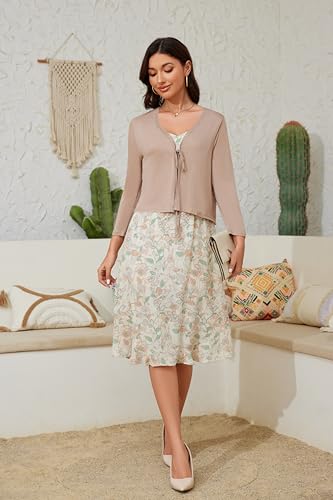 Image of Tie Front Cropped Cardigan Sweaters for Women 3 /4 Sleeve Lightweight Open Front Knit Shrug Top for Dress