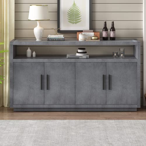 Wood Storage Cabinet, Sideboard Cabinet With Adjusted Shelves, 63" Console Table With 4 Metal Handles, 4 Doors And 1 Glass Top, For Hallway Entryway Living Room Bedroom,Gray #TOP11