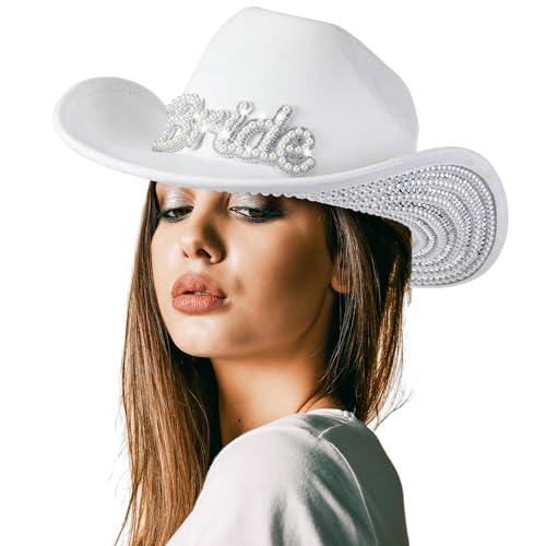Hercicy Rhinestone Cowboy Hat with Diamond Fringe CowHat for Cosplay Wedding circumference between 21.5 and 23.5 inches(White Bride)